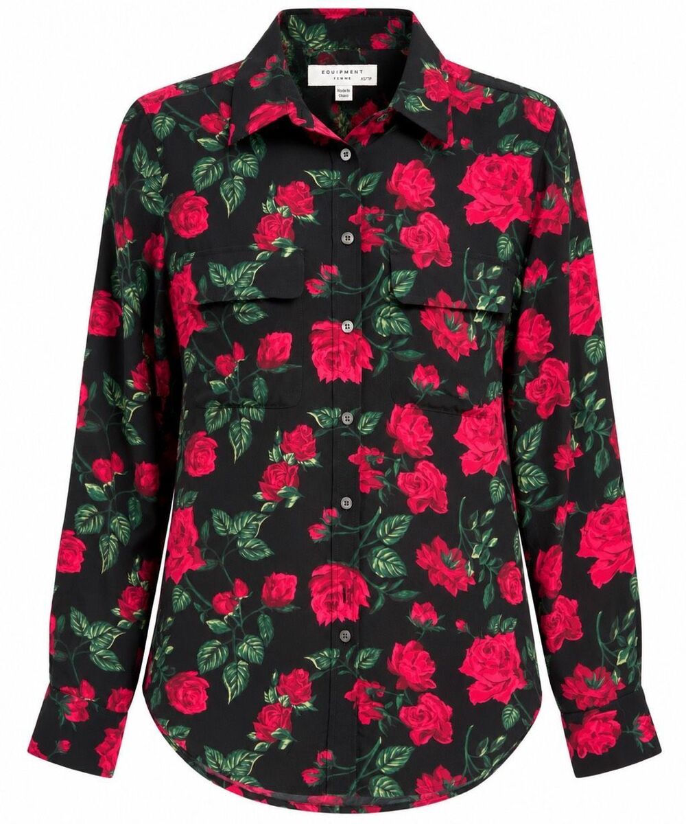 Equipment Femme XS Black Red Rose Floral Button Down Blouse 100% Viscose